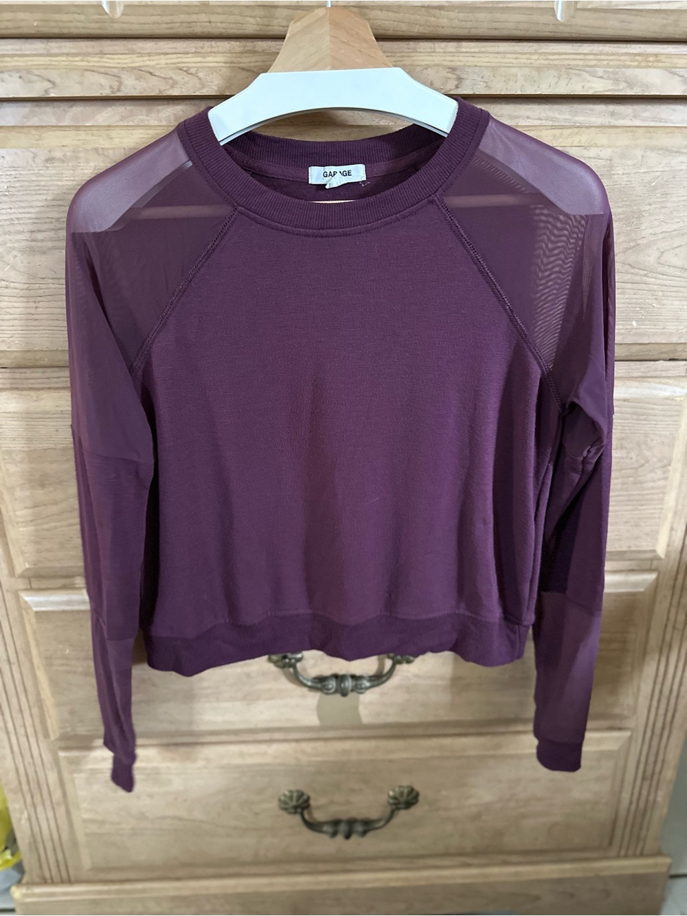 Garage | Plum Mesh-Panel Long-Sleeve Rayon/Nylon Blend Sweatshirt | Size S/P